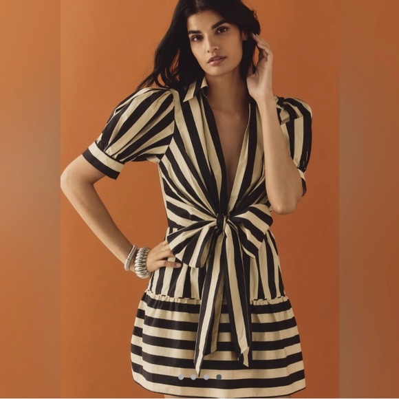 NWT $225 FARM Rio Mixed Stripe Tie Back Minidress in BLACK / OFF WHITE, Small! - Picture 1 of 7